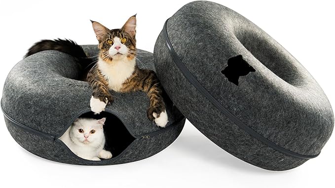 Cattasaurus Peekaboo Cat Cave, Extra Spacious for Multiple & Large Cats 12+ lbs, Scratch Detachable Beds for Indoor Cats, Washable Tunnel Bed, Comfy Cat Donut Tunnel (Dark Gray+Dark Gray, Jumbo)