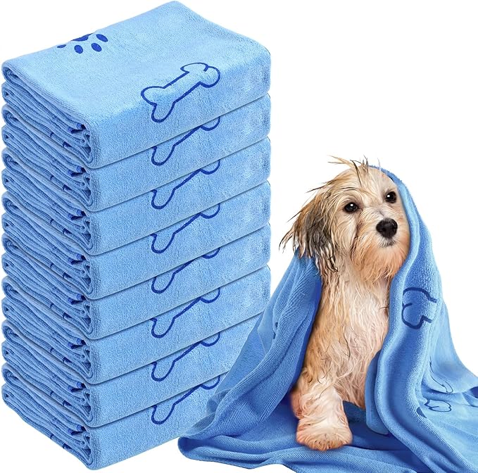 8 Pcs Dog Towels Pet Bath Drying Towels 55 x 28 Inches Large Absorbent Microfiber Quick Fast Drying Soft Beach for Lightweight Cat and Puppy Shower Essentials Cleaning Accessories(Blue)