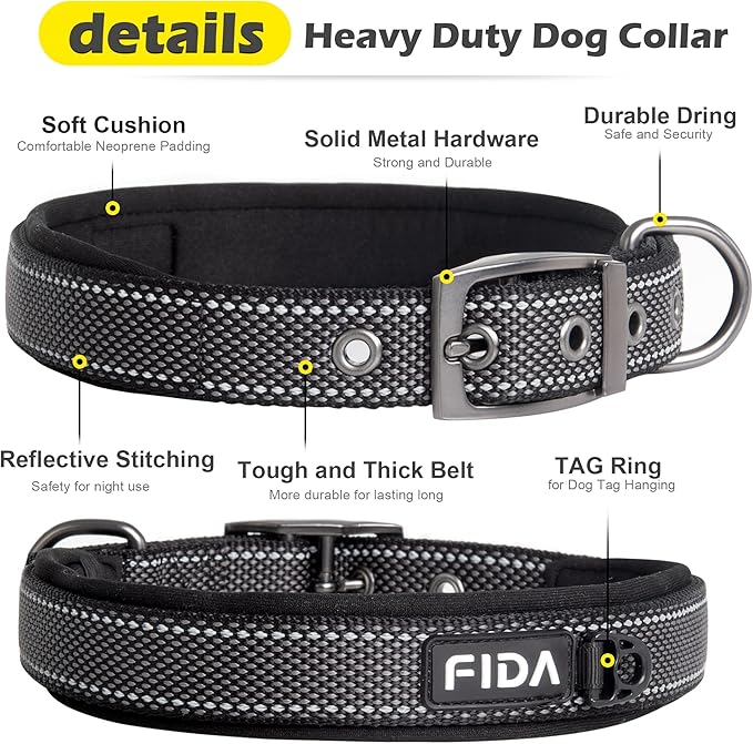 Fida Heavy Duty Dog Collar, Ultra Comfortable Soft Neoprene Padded, Adjustable Reflective Nylon Pet Collar with Durable Metal Belt Buckle for Small Breeds (S, Black)