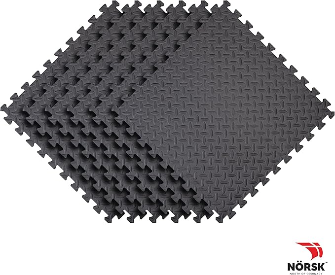 Norsk Foam Floor Gym Mats with Interlocking Tiles, .47" Thick, 24"x24",6-Pack, 24 Square Feet, Diamond Plate Design, Grey