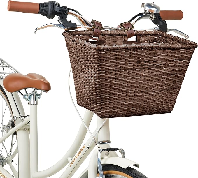 Retrospec Bicycles Cane Woven Rectangular Toto Basket with Authentic Leather Straps and Brass Buckles