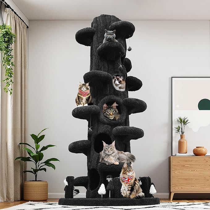 Super Large Cat Tree for Indoor Cats, All-in-One Tall Cats Tower with Scratching Post, Luxury Multi-Level Solid Wood Cat Condo for Multi-Cat Families (Black)