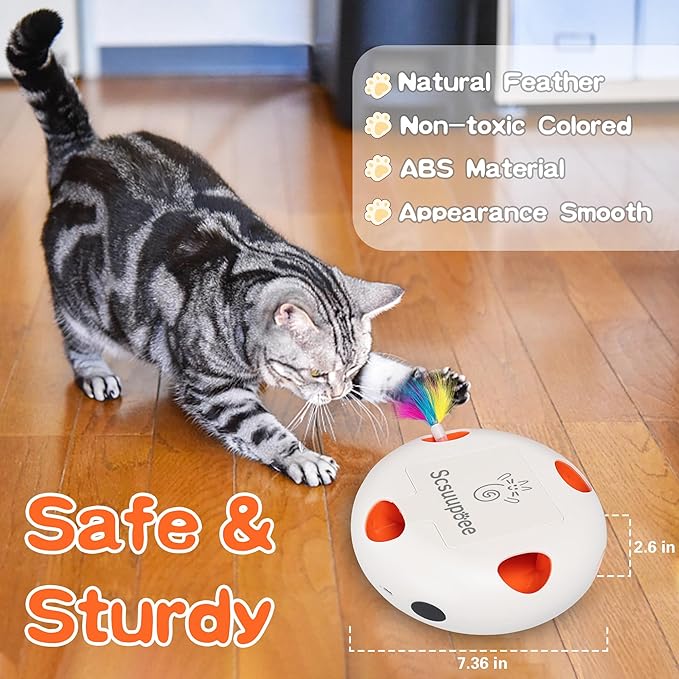 Interactive Cat Toy, Electric Cat Toys for Moving Concealed Feathers, Smart Sensor 7 Holes Whack a Mole Feather Toy, USB Charge Automatic Kitten Toys,White