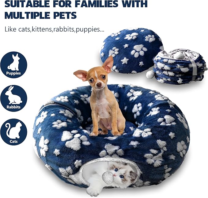 Cat Tunnel for Indoor Cats, Cute Peekaboo Cat Cave with Dangling Balls, Pet Donut Tunnel Bed with Circle Mat for Puppy Kitten Rabbit, Blue Paw