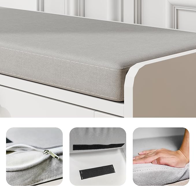 MHOM White Entryway Bench with 2 Flip Drawers, Shoe Bench with Padded Seat Cushion, Wooden Shoe Storage Bench for Entryway and Apartment