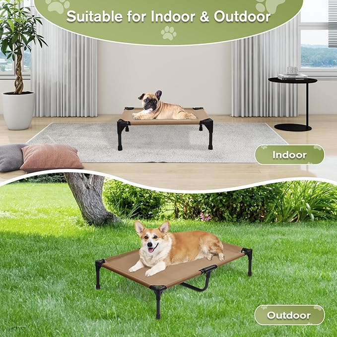 Elevated Dog Bed for Medium Dogs, Outdoor Cooling Raised Dog Beds Washable Pet Cot with Removable Mesh, Lifted Pets Hammock with Frame, Easy to Assemble, Brown, M