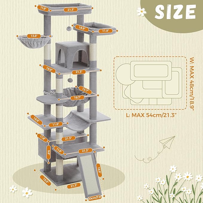 81 Inches Tall Cat Tree for Indoor Cats Large Adult - Heavy Duty Multi-Level Cat Tower with Large Metal Frame Hammock, Scratching Pad, 2 Top Perches, 2 Cozy Condos & 6 Scratching Posts - Gray