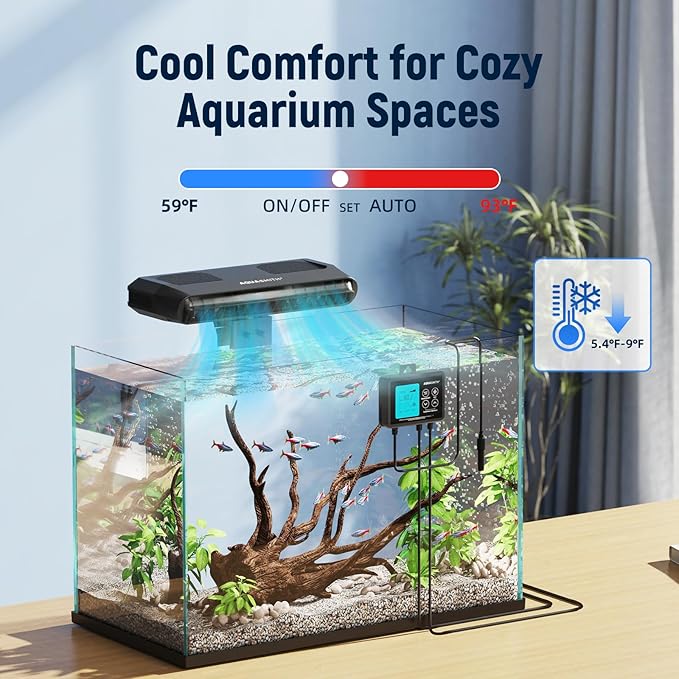 Aquarium Chiller Fan,Fish Tank Cooler with Temperature Control,Minimum Setting 59℉,Auto Start/Stop,Refrigeration Effect 5.4-9℉,3-Speed Modes,for Axolotl Seawater Freshwater Coral Grass Tank