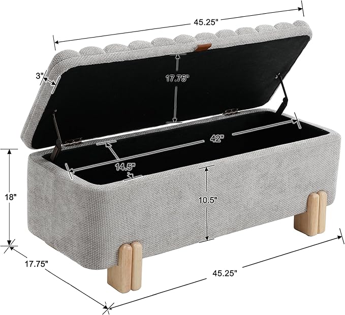 Wavy Ottoman Storage Bench Multi-Functional Narrow Entryway Bench Elegant End of Bed Bench with Storage and Safty Hinge for Living Room Entryway Hallway Bedroom Boutique, Grey