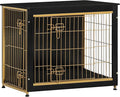 DWANTON Dog Crate Furniture with Cushion, Wooden Kennel Table with Double Doors, Indoor Dog House, Medium Size, 32.5" L, Black+Gold