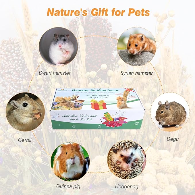 Natural Hamster Bedding, Hamster Herbs Flowers for Hamster Cage Enclosure Habitat Decor Hamster Sprays for Dwarf Syrian Guinea Hamsters Gerbil Degus or Other Small Animals（Grain Version）
