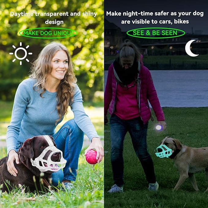 Glow-in-The-Dark Dog Muzzle, Basket Muzzle for Small Medium Large Dogs,Anti-Biting Chewing, Lightweight Cage Design,Allows Drinking & Panting,for Grooming & Training(Transparent Size XL)