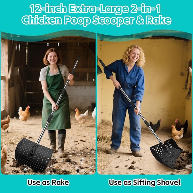 12-Inch 2-in-1 Chicken Poop Scooper & Rake – US Patent Pending – 3-Shape Sifting Holes Chicken Coop Rake，Stainless Steel Handle （20–61"）– Litter Scoop Sand & Sifting Shovel for Chicken Coops (Black)