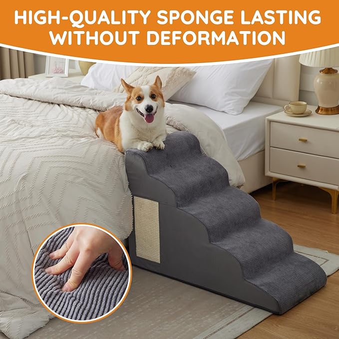 Dog Stairs for Small Dogs, 4-Step Dog Ramp for Bed 19.7" H, Dogs Steps for Bed, Couch, Pet Stairs with Non-Slip Bottom Design, Cat Scratching, High Density Foam Portable Pet Steps, Indoor, Grey