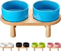 Ceramic Elevated Dog Bowls, Pet Food and Water Bowl Set for Large Dogs, 7.5 Cups Dog Bowls Raised with Wood Stand, 61OZ, Blue