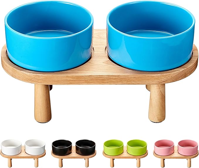 Ceramic Elevated Dog Bowls, Pet Food and Water Bowl Set for Large Dogs, 7.5 Cups Dog Bowls Raised with Wood Stand, 61OZ, Blue