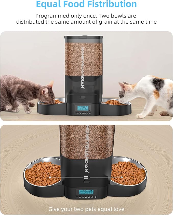 HoneyGuaridan 5L Automatic Cat Feeder for Two Cats, Cat Food Dispenser with Stainless Steel Bowl,Timed Feeder Programmable 1-6 Meals Control, Dual Power Supply,Desiccant Bag Black