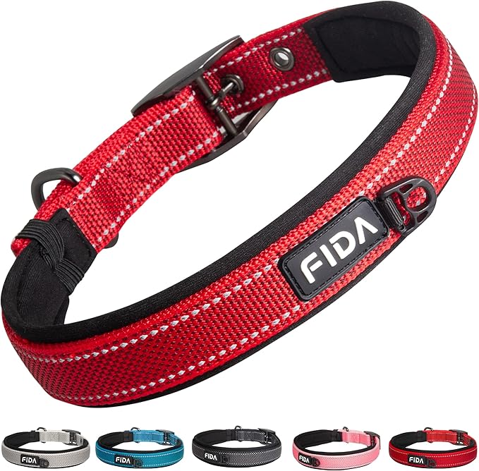 Fida Heavy Duty Dog Collar, Ultra Comfortable Soft Neoprene Padded, Adjustable Reflective Nylon Pet Collar with Durable Metal Belt Buckle for Medium Breeds (M, Red)