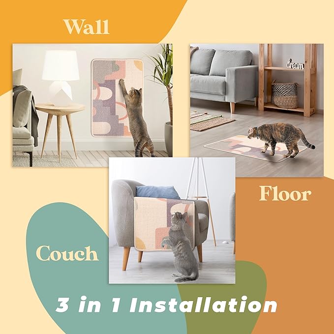 SCRATCHABLE Sisal Cat Scratcher, [+ Catnip Fish Toy], Cat Wall Scratcher, Couch Protector from Cat Scratching, 24 X 15.8 with 12 Adhesive Velcro Stripes. (Modern)