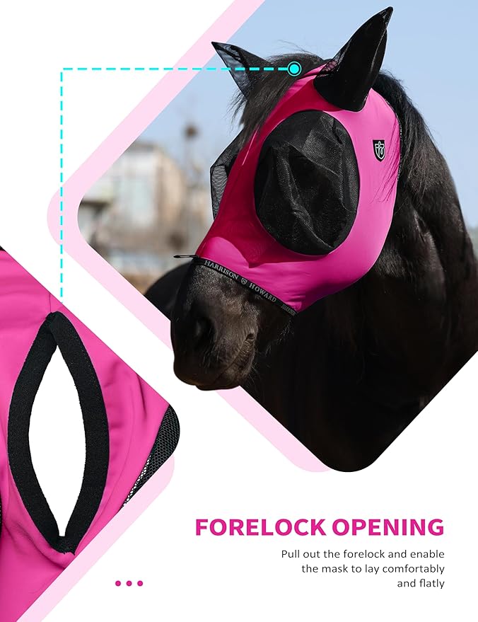 Harrison Howard Horse Fly Mask with Forelock Opening Stretch Breathable and Comfortable for Horses UV -Protection Fuchsia L