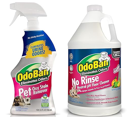 OdoBan Pet Solutions No Rinse Neutral pH Floor Cleaner Concentrate, Made in the USA, 1 Gallon, and Oxy Stain Remover, 32 Ounce Spray