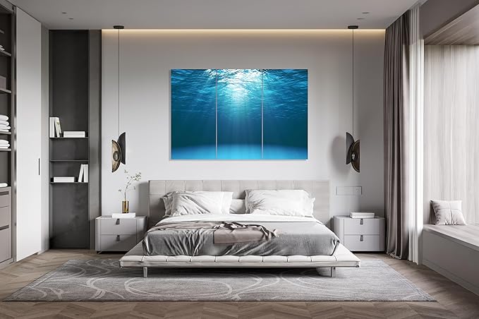 Nature Wall Art Prints - Ocean Forest Mountain Lake Canvas Landscapes - Small to Extra Large Living Room Bedroom Kitchen Bathroom Décor (Sun Rays Under Water, 31L" x 47W" - 3 Panels)