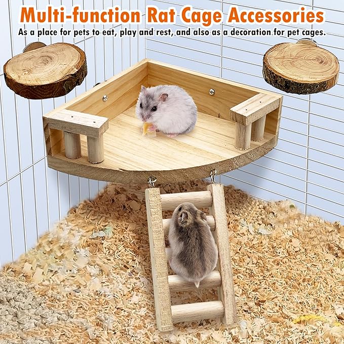 kathson 4pcs Hamster Platform with Ladder Natural Wooden Chinchilla Climbing Toy Rat Cage Ledge Sugar Glider Cage Accessories for Small Animals