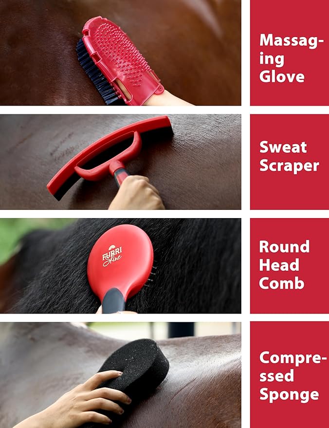 11PCS Horse Grooming Kit Curry Comb Sweat Scraper Horse Bathing Supplies Grooming Tools with Storage Bag Shadowberry