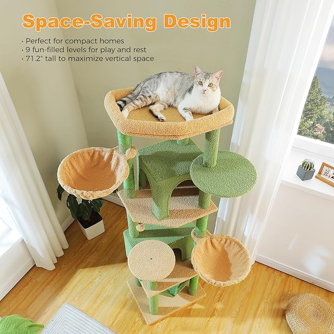 71.2" Large Cat Tree for Multi-Cat Households - 9-Level Cat Tower w/5 Sisal Scratching Posts, 2 Condos, Soft Hammock, Top Perch & Pom Poms - Heavy-Duty Space-Saving Design, Cactus Green