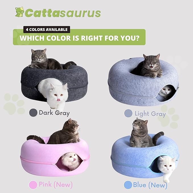 CATTASAURUS Peekaboo Cat Cave for Multiple & Large Cats Up to 30-45 Lbs, Scratch Detachable & Washable Tunnel Bed, Comfy Donut Cat Cave (Blue, Large)