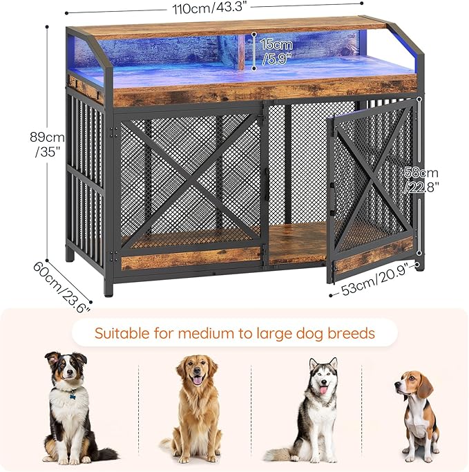 HOOBRO 43.3" Dog Crate Furniture, Heavy Duty Dog Kennel Indoor with Storage Shelves, Wooden Dog Cage with LED Lights, for Medium Large Breed, Rustic Brown and Black BF89DGW03
