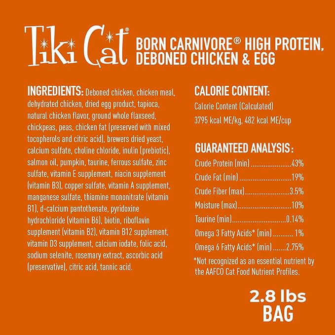 Tiki Cat Born Carnivore High Protein Dry Cat Food, Deboned Chicken & Egg, 2.8 lbs. Bag