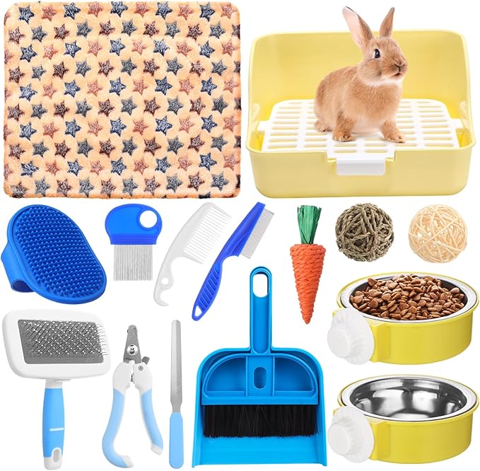 15 Pcs Rabbit Starter Kit Small Rabbit Litter Box Animal Grooming Kit Bunny Toys Bowl Blankets with Cleaning Set for Guinea Pig Accessories(Blue)