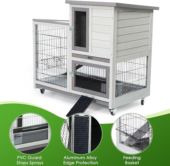 Rabbit Hutch Indoor Bunny Cage Outdoor House with Urine Guards and 2 Trays for Small Animals Guinea Pigs