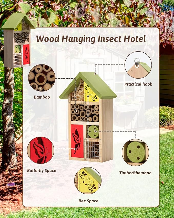 Premium Bug Hotel Kit Cedar Wood Insect Hotel Insect House - Backyard Bee House, Nesting Habitat Shelters, Garden Shelter for Bees, Butterflies, Bugs,Heavy Duty Thickness Colorful