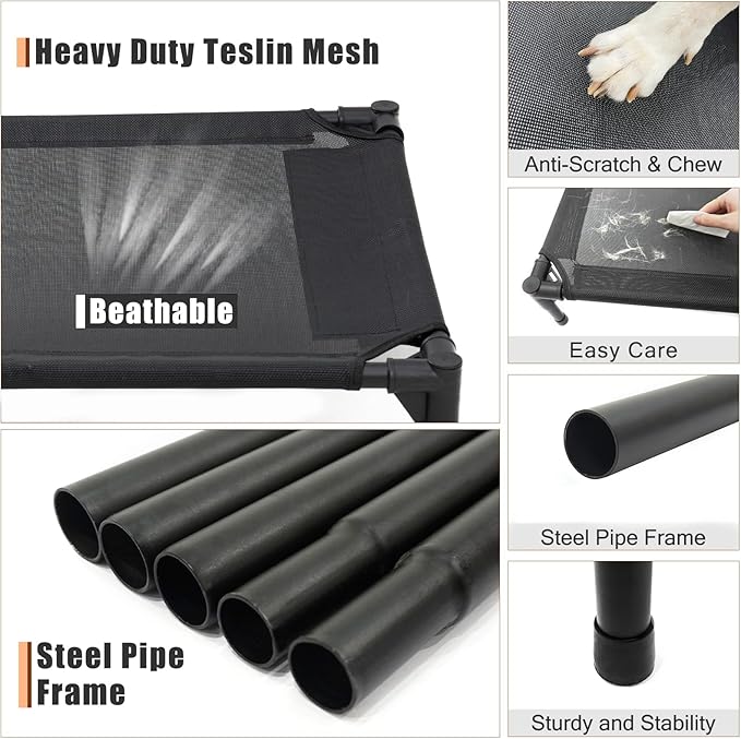 Elevated Dog Bed for Large Dogs, Raised Dog Cot Fits Up to 120 LBs, Heavy Duty Pet Cots with Durable Supportive Teslin Recyclable Washable Mesh, Indoor & Outdoor Pet Bed, Black
