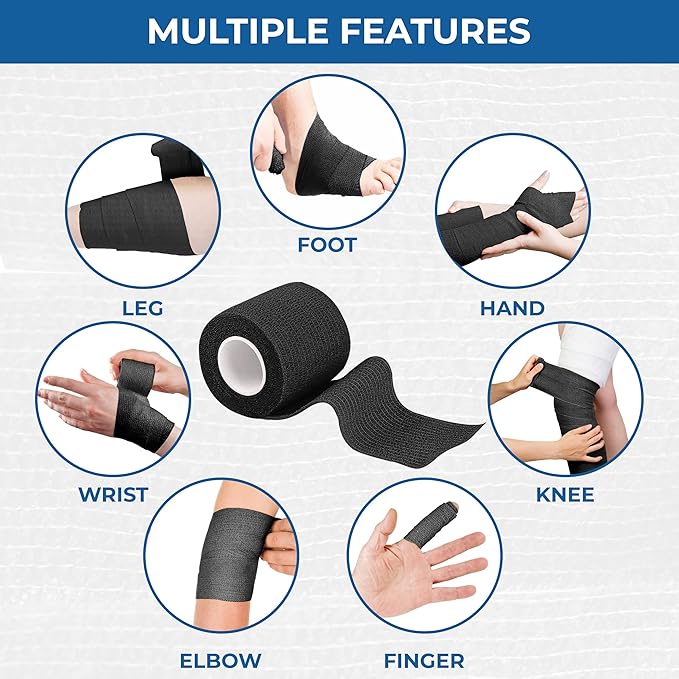 Self Adhesive Bandage Wrap - Pack of 12 Black Color, Non-Woven, Breathable & Water-Resistant Vet Wrap for First Aid, Sports Injury, Body Sprains, & Pets - 2 Inch x 5 Yards