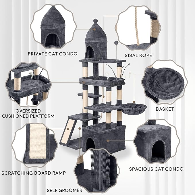 Large Cat Tree Tower for Large Cats, Cat Scratching Post, Self Grooming Post, Interactive Cat Toys, Oversized Perch and Basket, Heavy Duty 72", Dark Grey