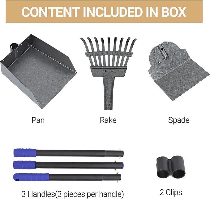 Heeyoo Dog Pooper Scooper, Dog Poop Tray and Rake Set, Pet Waste Removal Scoop with Long Adjustable Sectional Stainless Handles