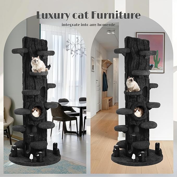 Super Large Cat Tree for Indoor Cats, All-in-One Tall Cats Tower with Scratching Post, Luxury Multi-Level Solid Wood Cat Condo for Multi-Cat Families (Black)