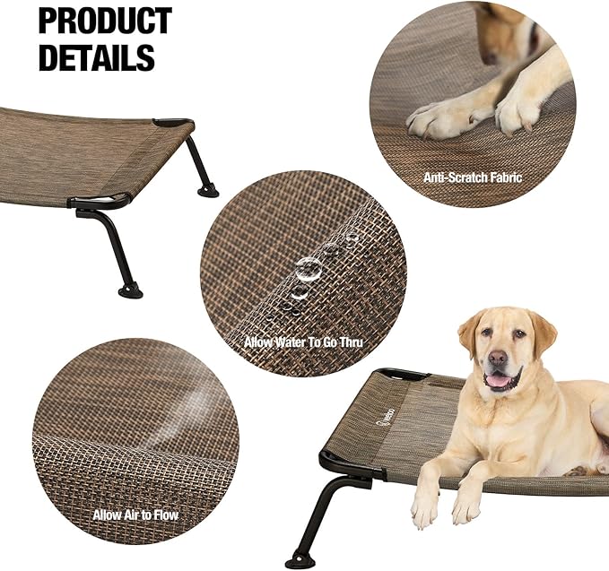 Veehoo Outdoor Elevated Dog Bed, Cooling Raised Dog Cot Bed XL, Portable Waterproof Curved Dogs Hammock Beds for Outside, up to 150lbs, Black Legs, Brown 49"