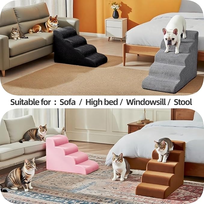 5 Step Pet Stairs Ramp for High Beds Sofas 5-30 Inch with Sturdy Non Slip Waterproof Pads, Machine Washable Cover Indoor Balanced Design for Cats Dogs Small Medium Large XL Pets Grey (Grey, Large, 1)
