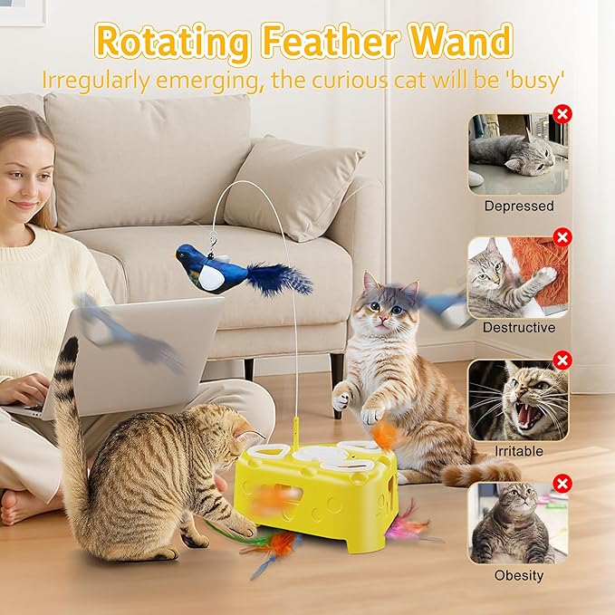 3-in-1 Interactive Cat Toy for Indoor Cats,Automatic Kitten Toys,Flying Bird,6 Holes Mole,Rotating Feather, USB Rechargeable Electronic Interactive Feather Toy for Bored Adult & Kitten Cats