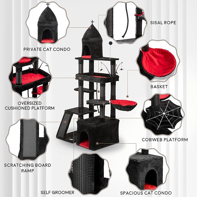 Large Cat Tree Tower for Large Cats, Cat Scratching Post, Self Grooming Post, Interactive Cat Toys, Oversized Perch and Basket, Heavy Duty 72", Black and Red
