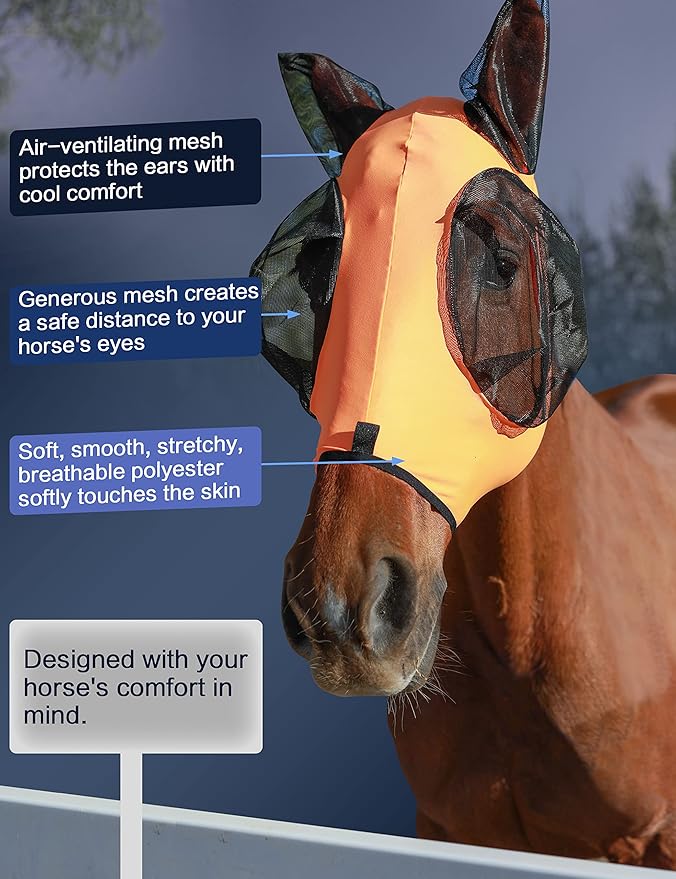 Horse Fly Mask with Ears, UV Protection Mask for Horses, Elasticity Mask with Big Mesh Eye Covers, Snug Fitting Comfortable Lightweight Red Orange Cob