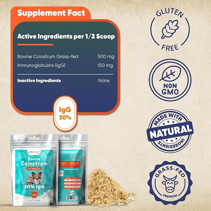 Vitamatic Bovine Colostrum for Dogs and Cats, 90 Grams, 30% Immunoglobulins, Grass Fed