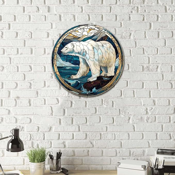 Lygond Metal Tin Sign - Circular Stained Glass Polar Bear Garage Sign For Home Decor - 8x8 Inches