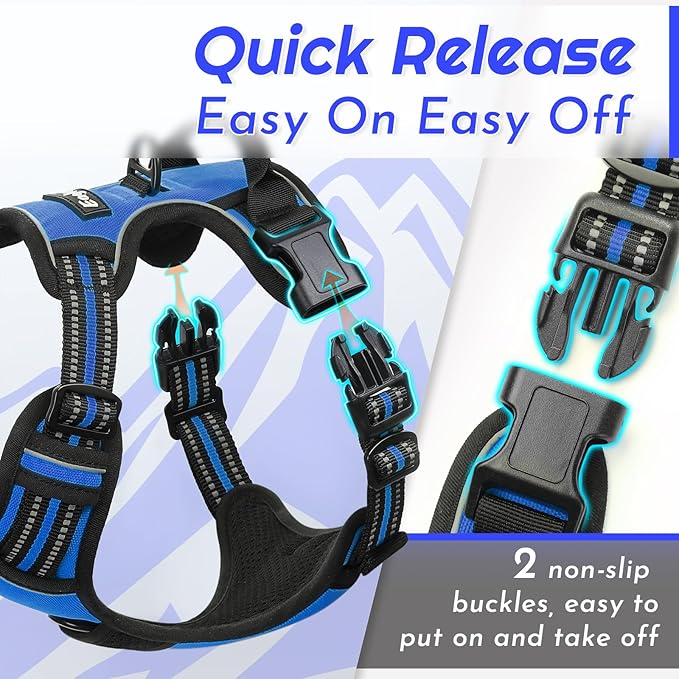 Eagloo Dog Harness for Large Dogs, No Pull Service Vest with Reflective Strips and Control Handle, Adjustable and Comfortable for Easy Walking, No Choke Pet Harness with 2 Metal Rings, Blue, L