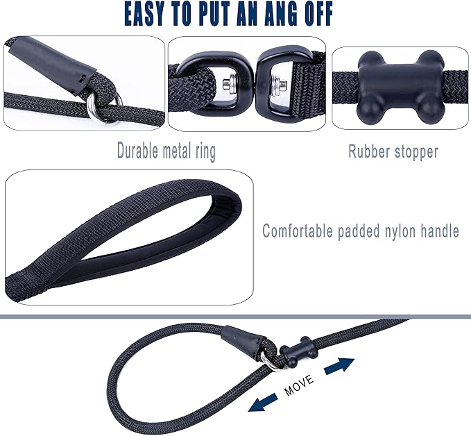 Slip Lead Dog Leash，Strong Nylon Rope Leash and Padded Handle,No Pull Outdoor Walking Training Lead for Small Medium Large Dogs(Black, 1/2"×4ft)