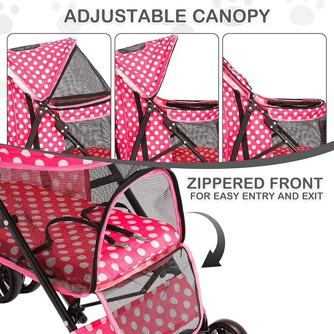MoNiBloom 4 Wheels Pet Stroller, Easy-Fold Umbrella Shaped Dog Cat Jogger Stroller w/Storage Bag & Visible Mesh for Small/Medium Dogs Cats Hot Pink Polka Dots